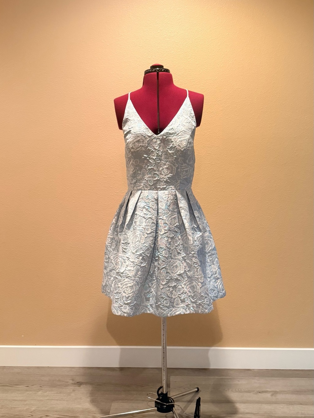 by & by Light Blue Lace V-Neck Pleated Mini Dress